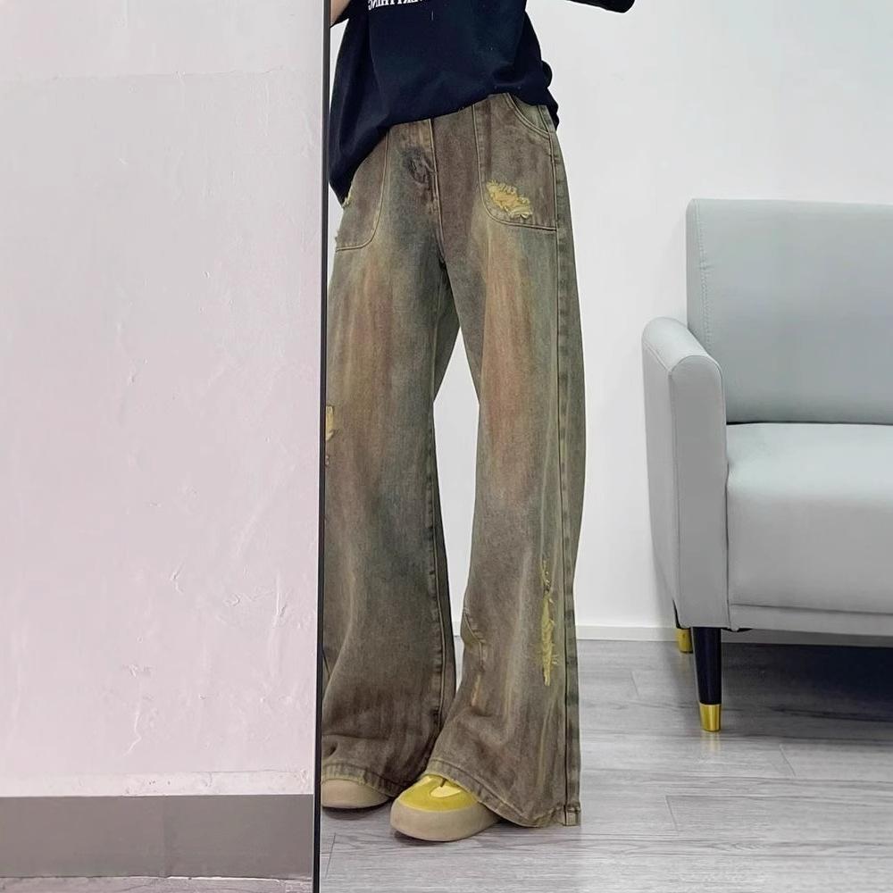 Comfortable Design Sense Niche Broken Hole Jeans Women High Waist Drag Floor Vintage Straight Wide Leg Long Pants Jeans for Women Long Denim Pants