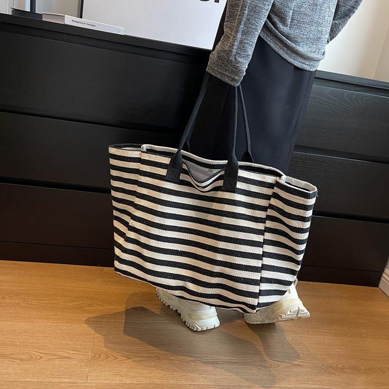 Trendy Simple Stripe Design Tote Bag For Girls Women Canvas Shoulder Bag Ladies Shopping Bags Handbags