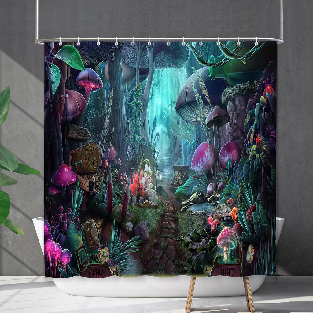 Bathroom Waterproof Curtain Digital Printing Plant Mushroom Shower Curtain Non-Punching Toilet Partition Curtain Shower Cloth