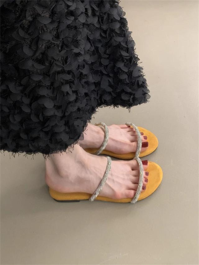 Premium Sense, Sandals Girl 2025 Summer New Rhinestone Open-toed Thin Strap Fairy Versatile Outer Wear Thick Heel Lazy Word Drag