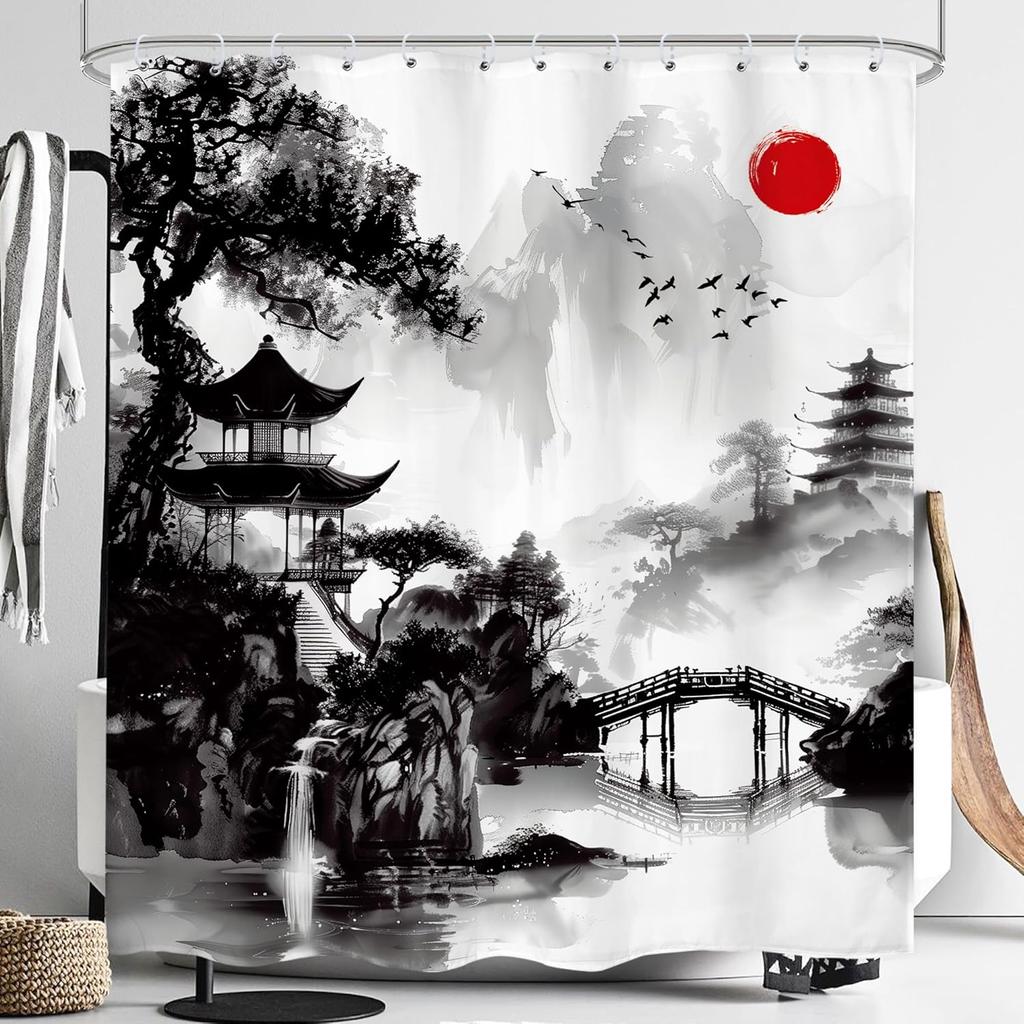 Japanese Cherry Blossom Shower Curtain Watercolor Black Red Floral Asian Chinese Mountain Sun Anime Fabric Waterproof