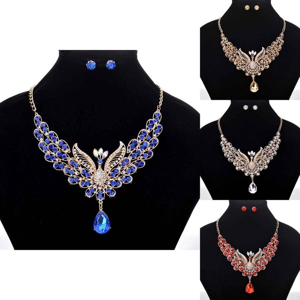 Exquisite Retro Peacock Necklace With Colorful Ear Studs Rhinestone Jewelry Set