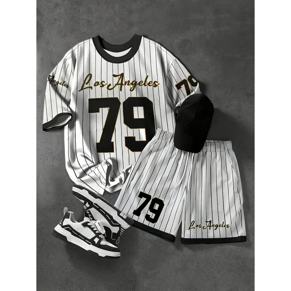 Numbers and Letters 79 Printed Men's T-shirt and Shorts 2 Piece Set Summer Casual Outfit for Men's and Women's Clothing Top