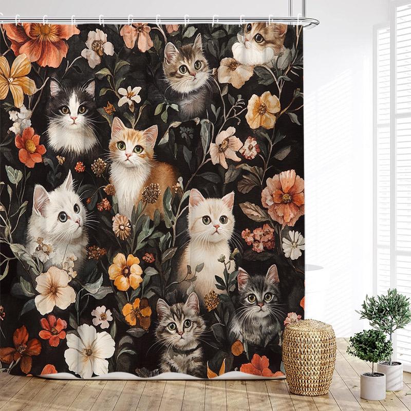 Cute Cats Shower Curtain Vintage Watercolour Floral Plant Animals Pet Kids Bath Curtains Fabric Home Bathroom Decor With Hooks
