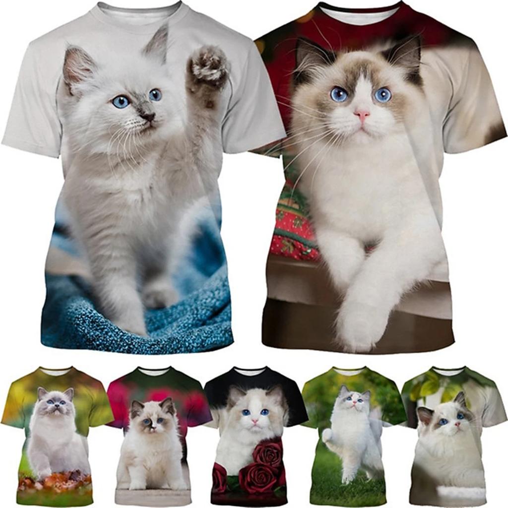 Neutral summer casual short sleeved T-shirt new 3D plush cat fun kitten print personalized versatile top