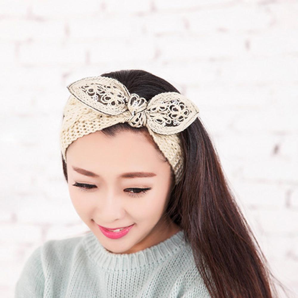 Vintage Flower Women Girl Bow Knot Headband Turban Crochet Knit Hairband Rabbit Ears Headwrap