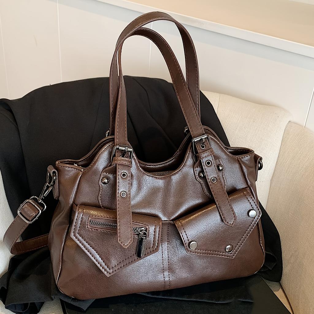 Retro Simple Solid Color Fashi Trend Large Capacity Tote Bag, Niche Design Persality Zipper Decorati Shoulder Bag,