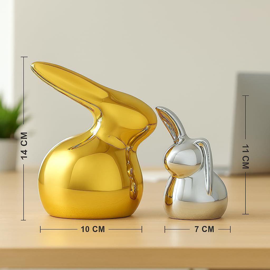 Home Décor Ceramic Cute Golden & Silver Rabbit Figurines (Set of 2, Golden and Silver)