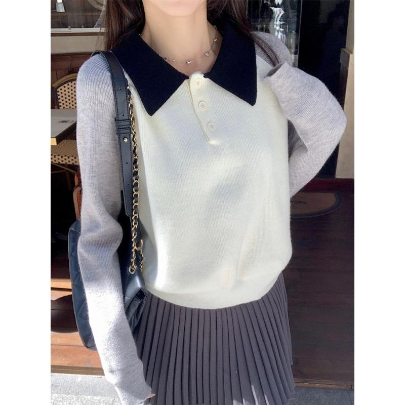 

Contrasting polo neck knitted sweater women s spring loose age-reducing inner top design bottoming shirt L абрикосовий