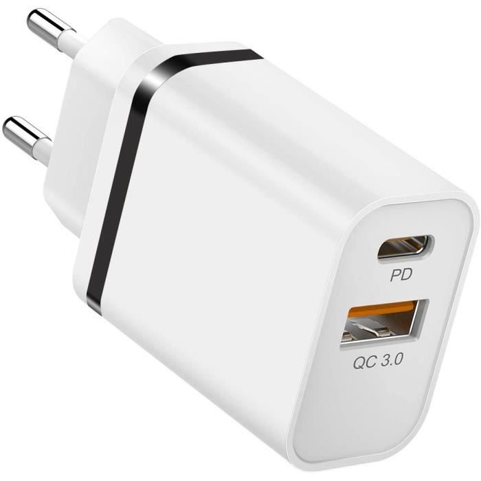 Chargeur Mural - E.F.CONNECTION - 2-Port USB-C et USB-A - Charge Rapide PD+QC 3.0 - Compact - Noir