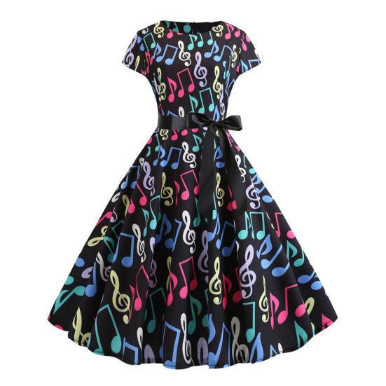 Rochie pentru femei, cu muzică, cu imprimeu, gât rotund, fundă, cu centură, talie strânsă, linie A, tiv mare, mâneci scurte, colorate, închidere cu fermoar în spate, rochie midi pentru doamnă