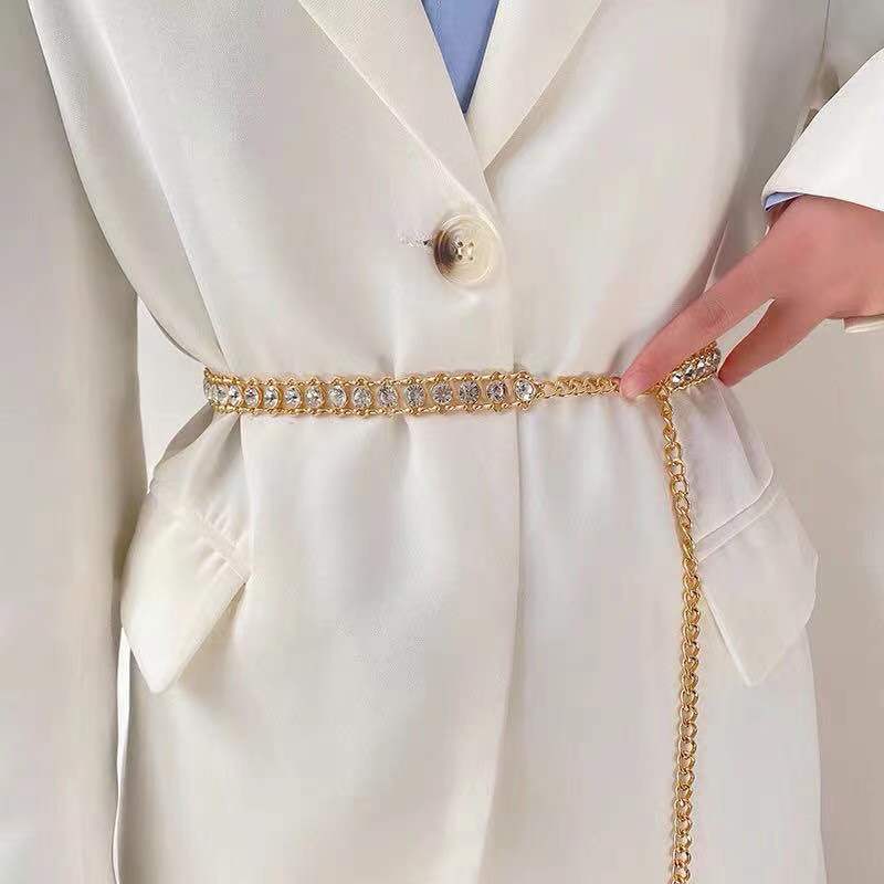 European and American Punk Rhinestone Inlaid Waist Chain Women's Chain Ins Fashionable Versatile Thin Waist Chain Decorative Skirt Suit Belt