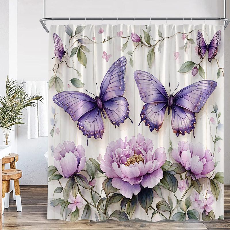 Floral Butterfly Shower Curtains Vintage Paris Tower Butterflies Watercolour Pink Purple Flowers Bath Curtain Bathroom Decor Set