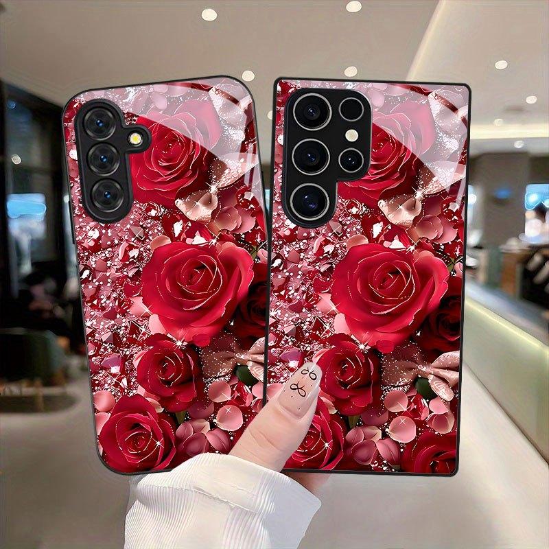 Rose Print Embellished Pattern Tempered Glass Phone Case for Samsung Galaxy S26 S25 S24 S23 S22 S20 FE/PLUS/ULTRA Anti Drop
