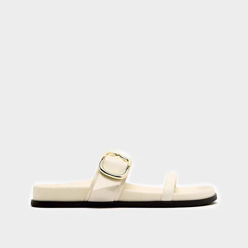 2025 New Fashion Metal Belt Buckle Thick Bottom Slippers Flat Bottom Sandals for Women