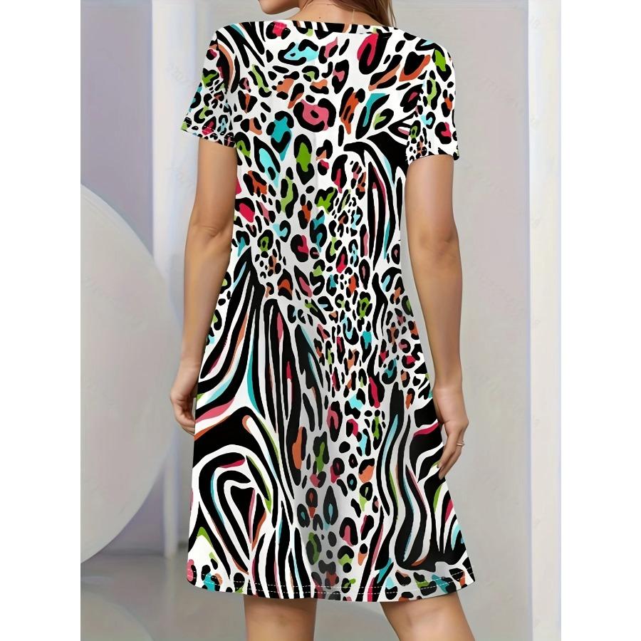 Women's Black & White Retro Geometric Circle Print A-Line Dress - Short Sleeve Round Neck Casual Mini Skirt  Y2k Ladies Clothes