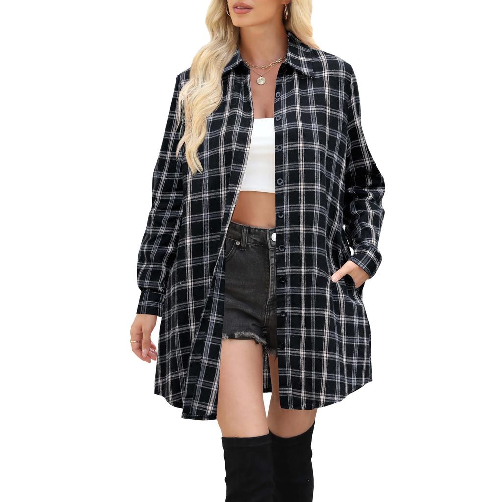 Women's Casual Long Sleeve Plaid Tunic Shirt, Loose Fit Mid-Length Top for Spring and Fall