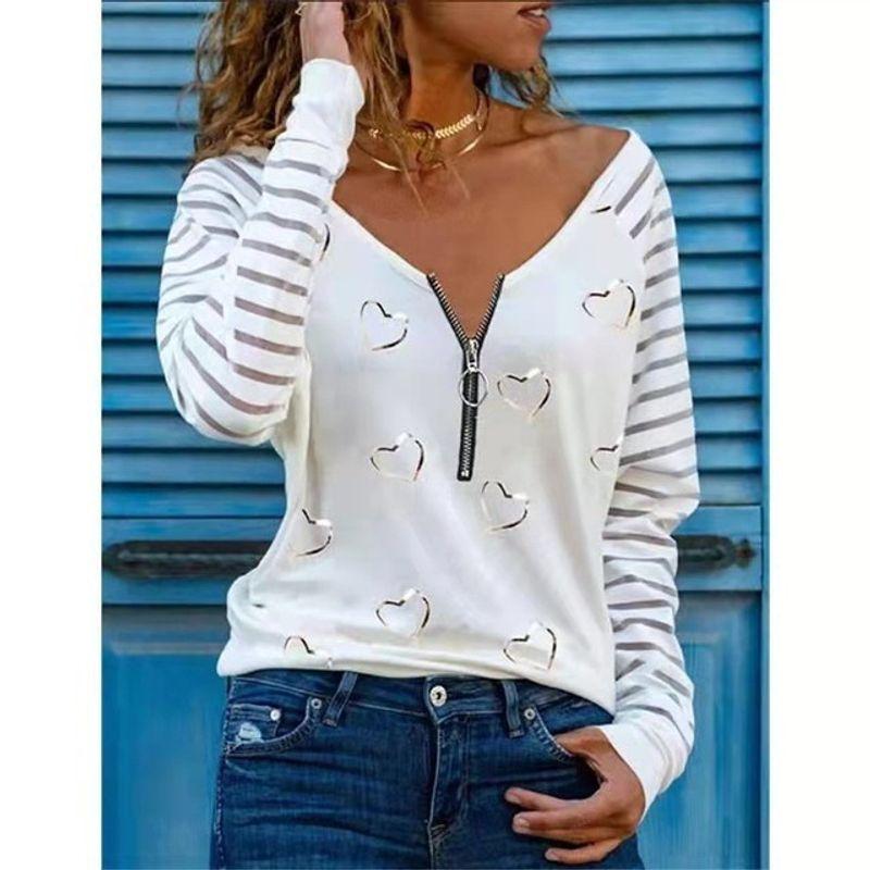 

Zipper Neck Long-sleeved T-shirt Casual Loose Pullover Top WHITE L