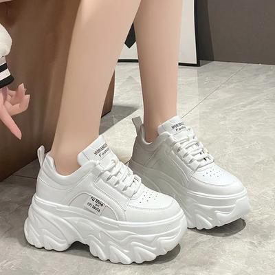 Baskets Chunky Blanches Noires Femmes Printemps Automne Semelle Épaisse Chaussures de Papa Femme Mode Baskets à Plateforme en Cuir PU Dames
