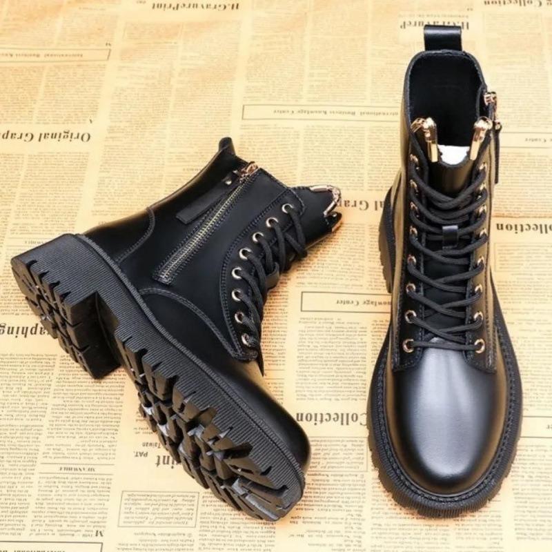 Trend Women's Pu Leather Ankle Boots Autumn Winter Round Toe Lace Up Shoes Woman Classic Fashion Motorcycle Platform Botas