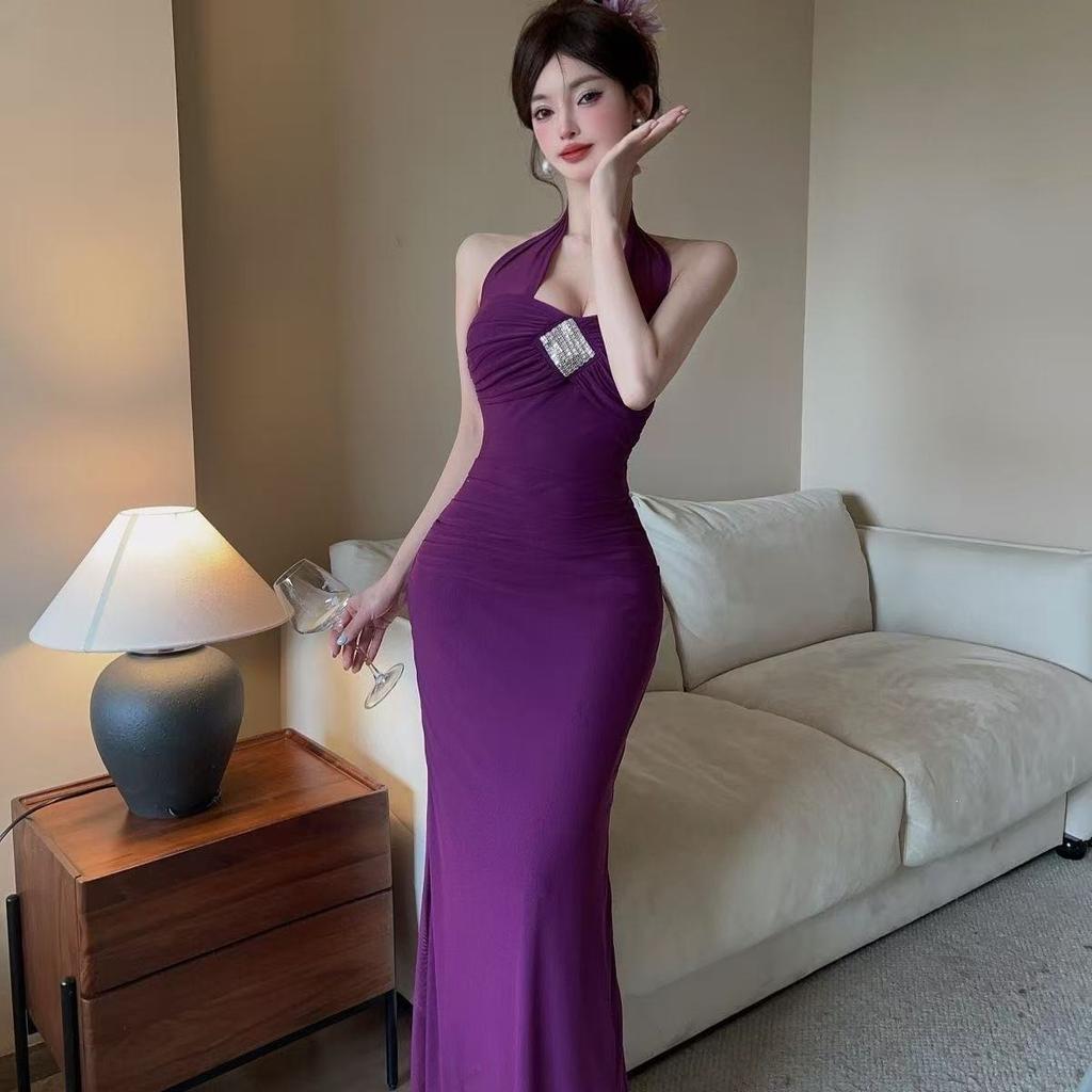 French niche fashion design sense pure desire neck sexy long dress low cut mesh style dress summer