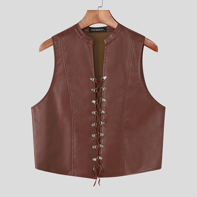 

INCERUN Мужские топы без рукавов с бандажной отделкой из искусственной кожи, укороченные базовые майки 3XL красный