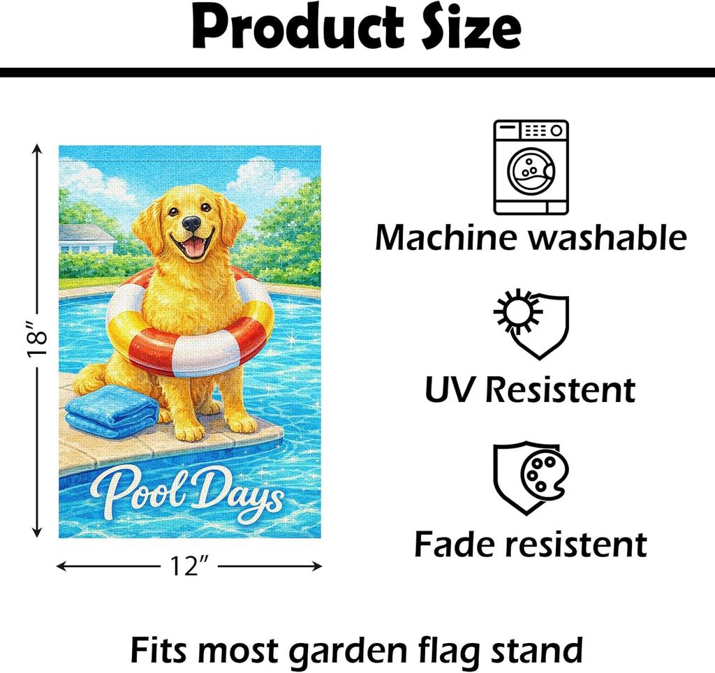Heyfibro Pool Days Garden Flag – 12x18 Inch Double Sided Summer Happy Golden Retriever Design, Summer Yard Flag for Dog Love