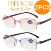 2Pcs Rimless Bifocal Progressive Reading Glasses Men Women Near And Far Anti-Blue Light Eyesglasses Rectangular Glasses Eyewear