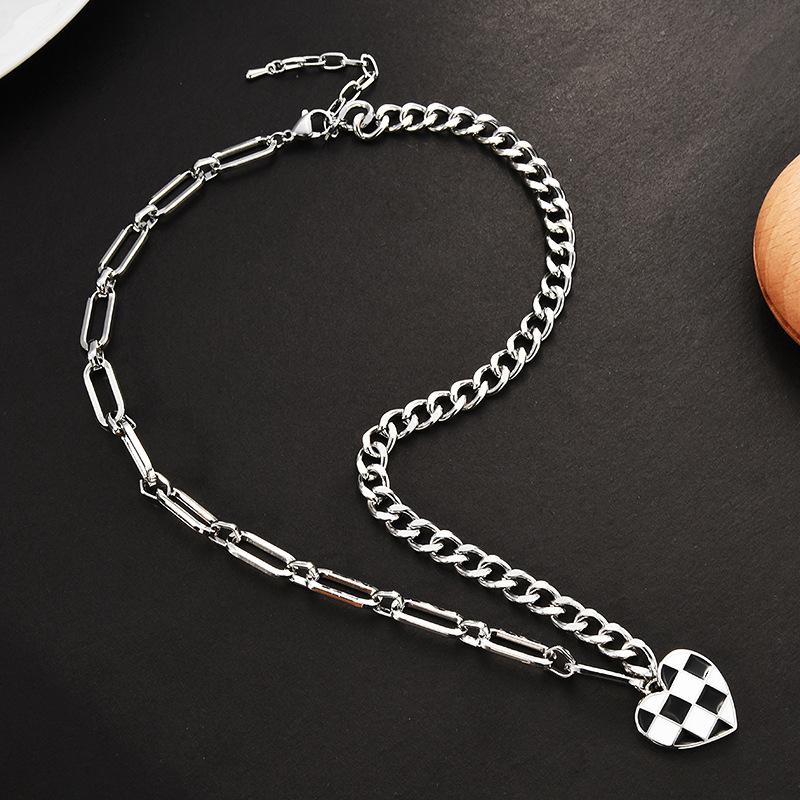 Heart Trendy Shape Titanium Steel Necklace Featuring Stylish Black And White Checkerboard Design