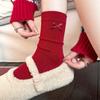 Retro Year Of The Horse Red Striped Medium Tube Socks Women'S Autumn And Winter Warm Lace Stacking Socks Birthday New Year Socks