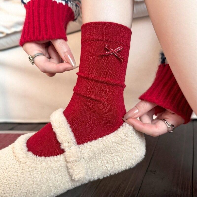 Retro Year Of The Horse Red Striped Medium Tube Socks Women'S Autumn And Winter Warm Lace Stacking Socks Birthday New Year Socks