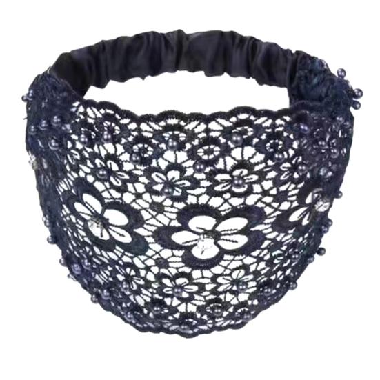 Krajková čelenka zdobená umělými perlami Dámská vysoce elastická široká vlasová gumička s designem pětilisté květiny Vlasové doplňky