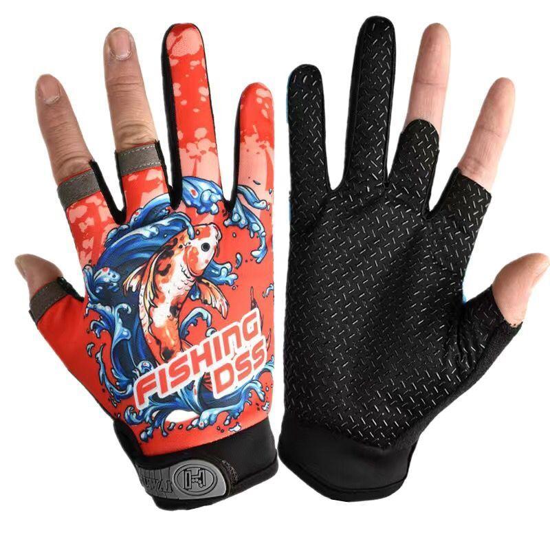 

Fishing Gloves Exposed Two-Finger Men s Non Slip Breathable Summer Thin Cycling and Driving Takeaway Knight Autumn and Winter Fleece-Lined Warm Koi three-finger Red [thin]]