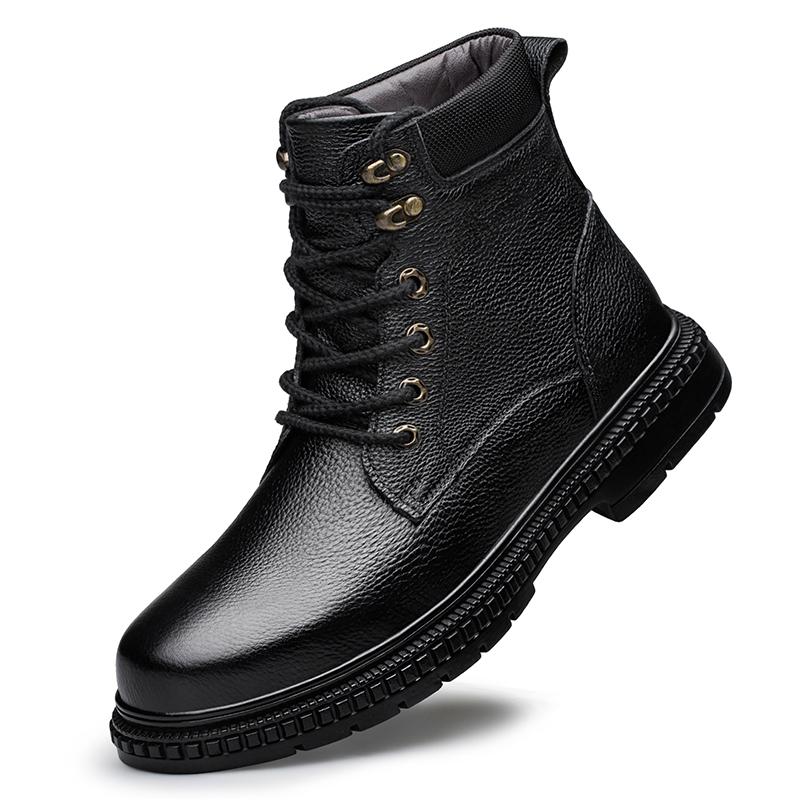 Winter Men Warm Plush Leather Boots Fashion Causal Boots Genuine Leather Shoes Comfy Durable Outsole Mens Outdoor Cowhide Boots