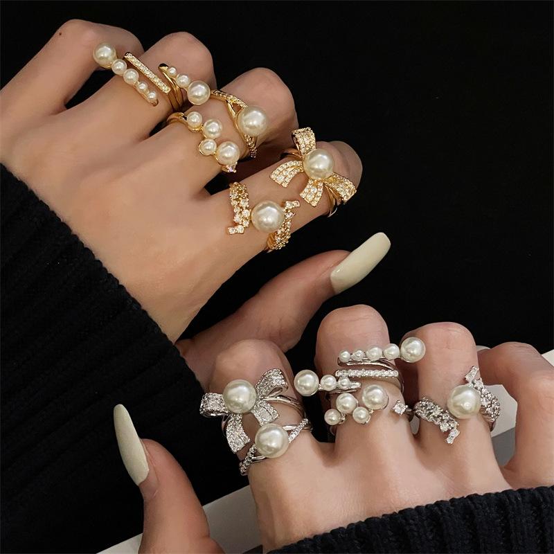 Heavy Industry Full Diamond Bow Full Diamond Zir*****Pen Ring Light Luxury Premium Pearl Index Finger Ring Personality Elegant Ring
