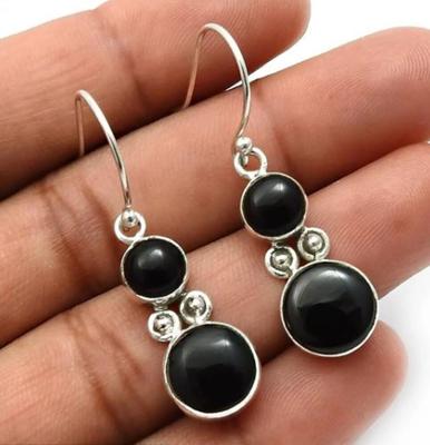 Massiver 925er Sterlingsilber schwarzer Onyx Edelstein Handgefertigt Designer Boho Designer Statement Hängeohrring