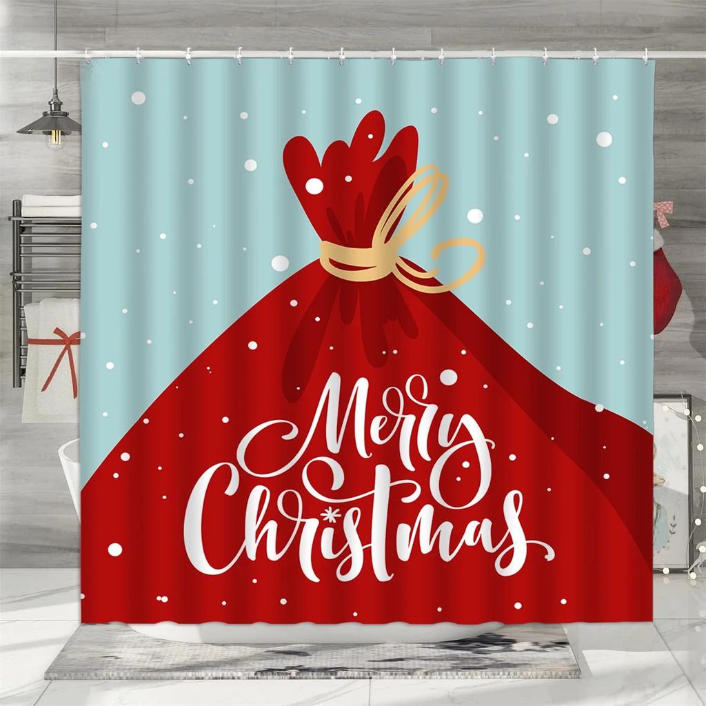 unframed Christmas Shower Curtain, Winter Snowman Father Christmas Farmhouse Truck Snowflake Christmas Tree Red Bird Bathroom De