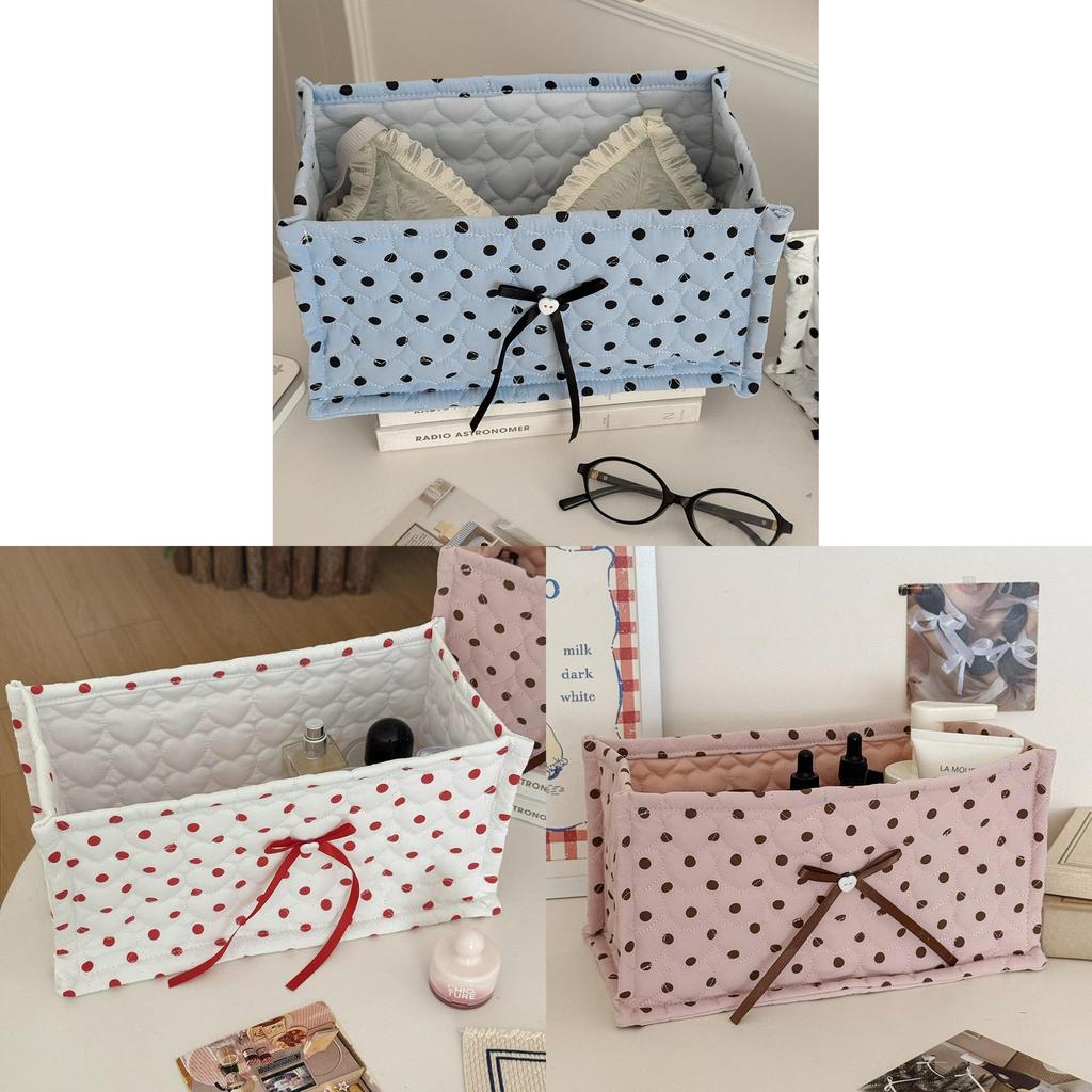 Large Polka Dot Quilted Rectangular Storage Basket With Nylon Material For Home Organization