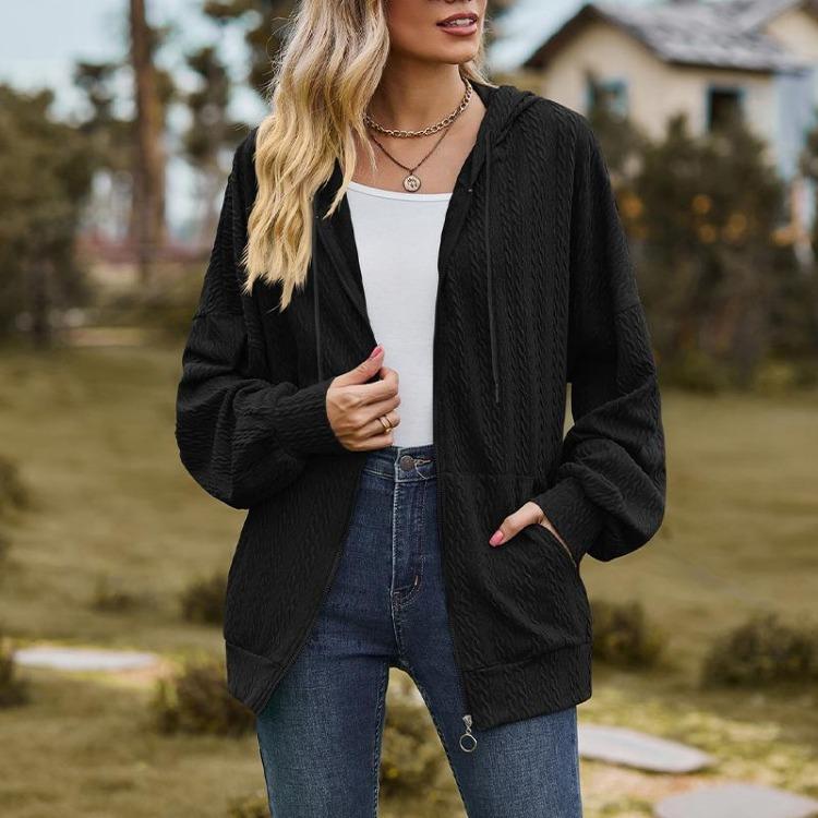 Women's Solid Color V-neck Zipper Loose Long Sweatshirt Jacket