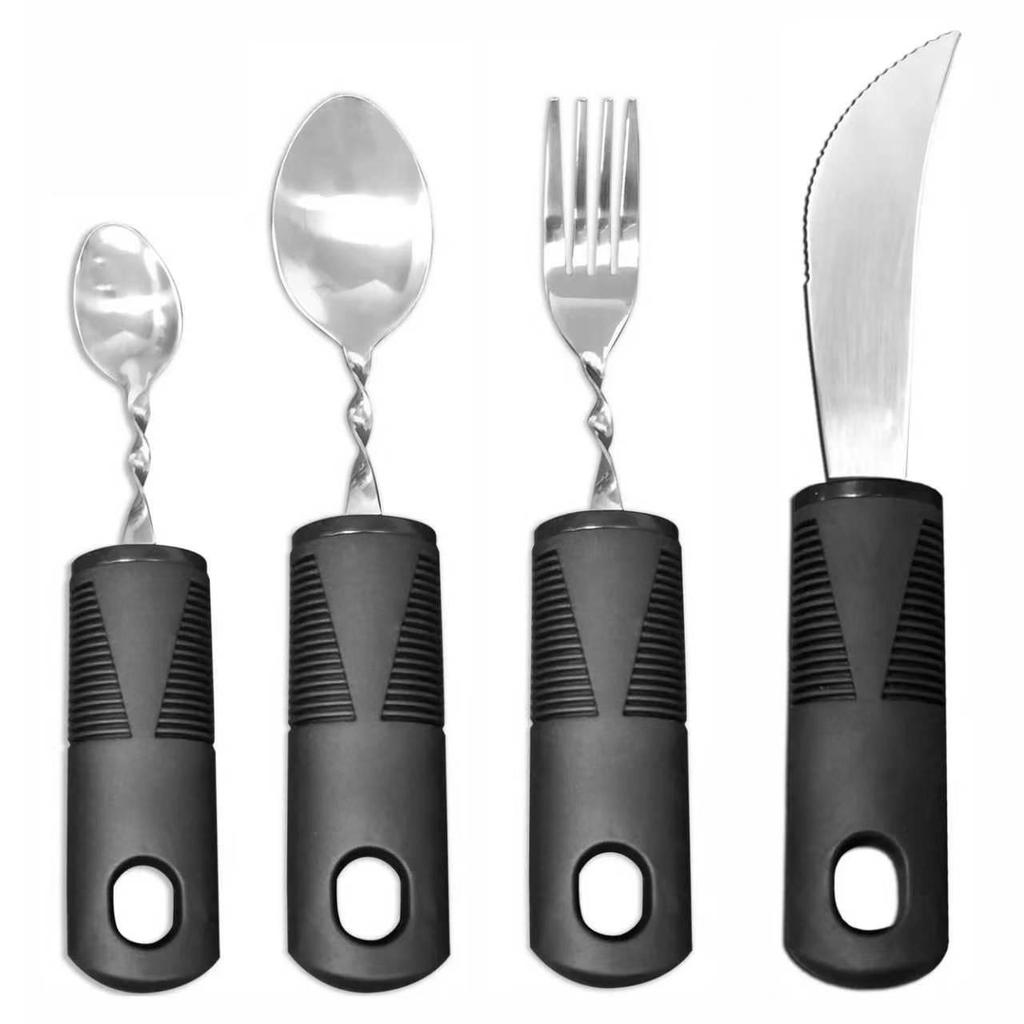 Stainless Steel Adaptive Foldable Utensil Set with Anti-Shake Rubber-Plastic Handle for Elderly Rehabilitation (Knife, Fork, Spoon)