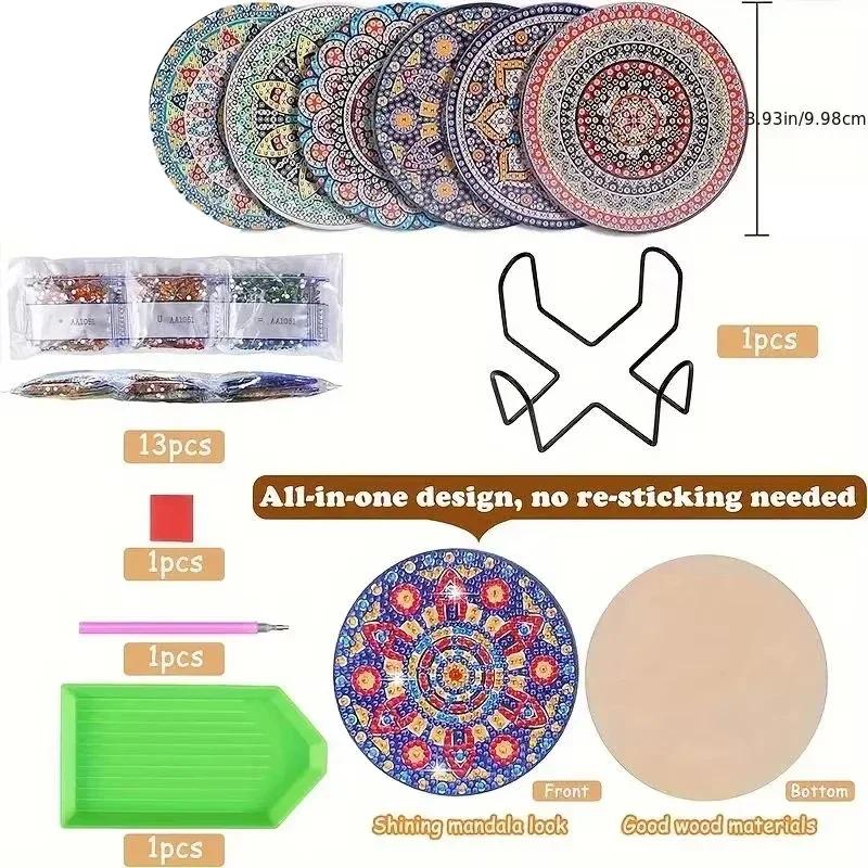 6ks/sada Diamond Malířské podtácky 5D DIY kulaté diamantové mozaikové podložky pod poháry Mandala s držákem