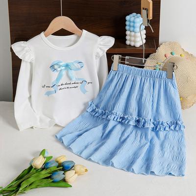 Ensemble Bleu Tendance pour Filles Été Mode Enfants Jupe en Dentelle Col Sans Manches Haut à Manches Longues avec Nœud Ensemble Deux Pièces