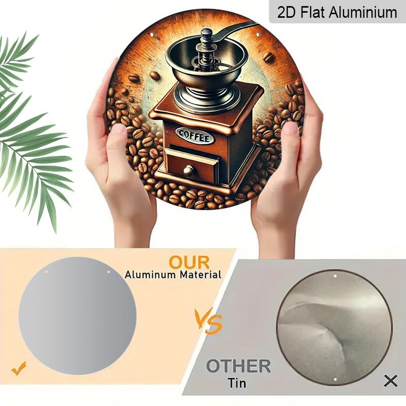 2D Flat 1pc, 8x8 In, Vintage Coffee Grinder and Bean Metal Aluminum Wall Art, Waterproof and Dustproof, Multipurpose Round Wall Hanging for Home
