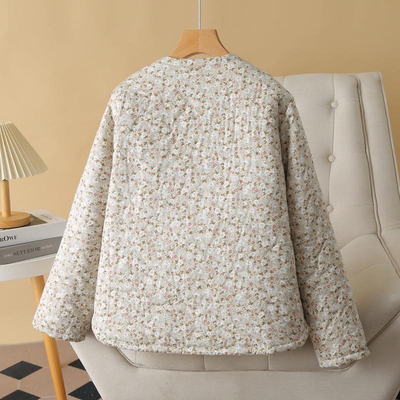 Grote Maat Dames Vintage Bloemen Warm Katoen Gevoerd Casual Winter Bovenkleding