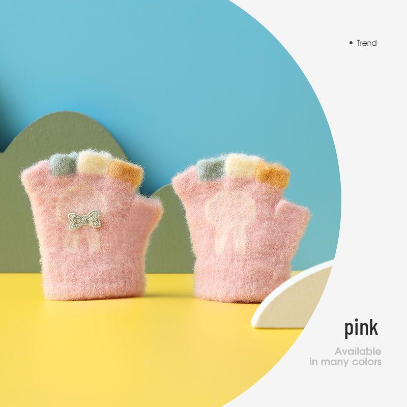 Cartoon Cute Half-Finger Knitted Baby Gloves for Toddlers (0-2 Years), Autumn & Winter, Plus Velvet