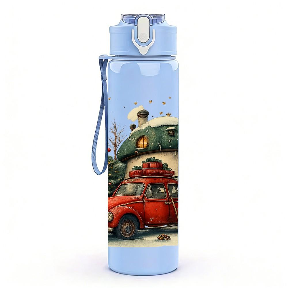 1PC Christmas Truck Pine Tree Pattern 750ml Color Plastic Sports Water Bottle Leakproof Flip Straw Lid Suitable for Sports Office Home Use