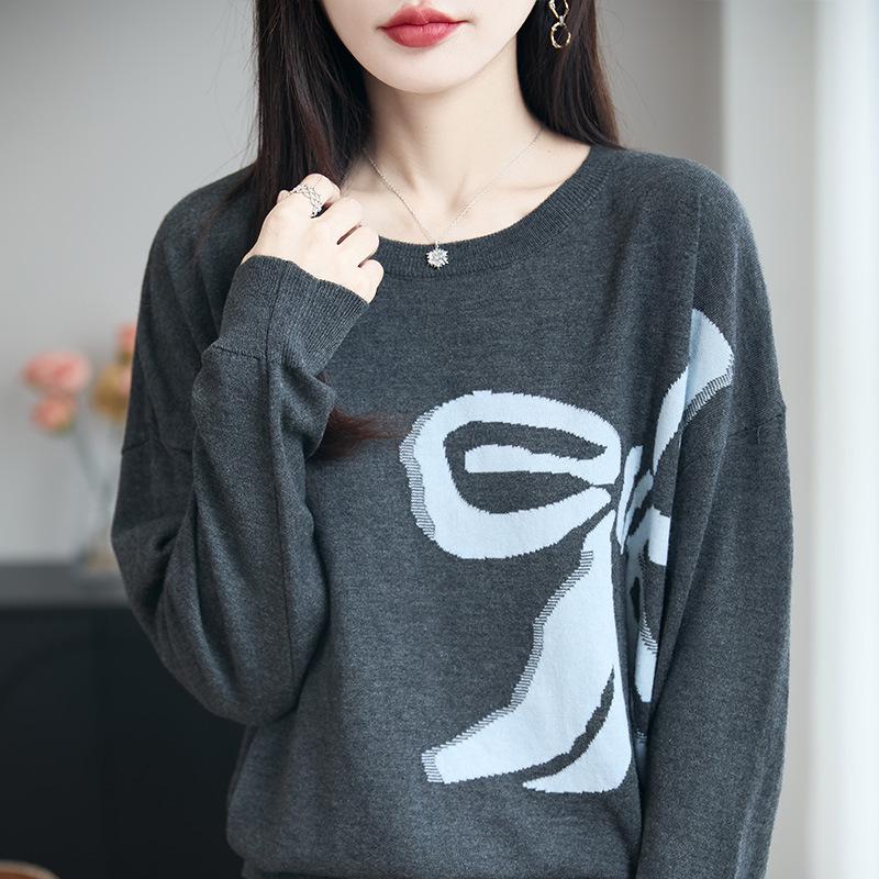 

Jacquard Women s Loose Knit Sweater: Round Neck, Long Sleeve, Plus Size, Autumn/Winter High-End Fashion. M серый
