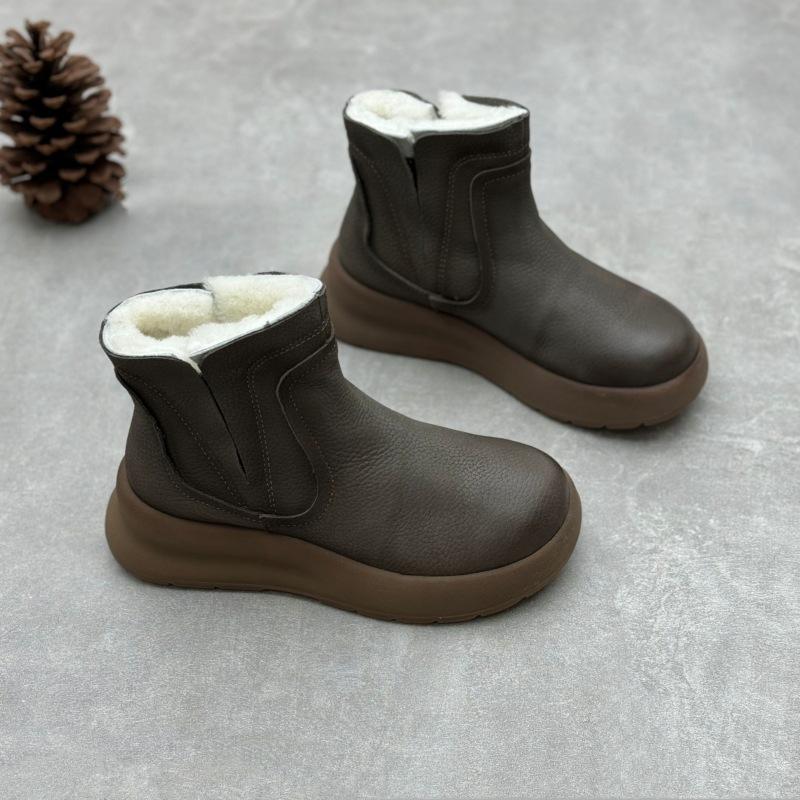 Johnature Echte Lederstiefel aus Baumwolle, handgefertigt, Retro, runde Zehenpartie, dicke Sohle, warme Wollstiefel für Damen