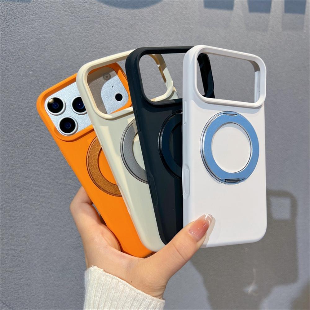 For iPhone 17 Pro Liquid Silicone Case PC Aluminium Alloy Magnetic Phone Back Cover with Kickastand Compatible with MagSafe