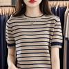 Kurzärmiges T-Shirt für Damen im Sommer mit Color-Blocking-Streifen, ausgehalsenem Rundhalsausschnitt, lockerem und vielseitigem Strickshirt für Damen
